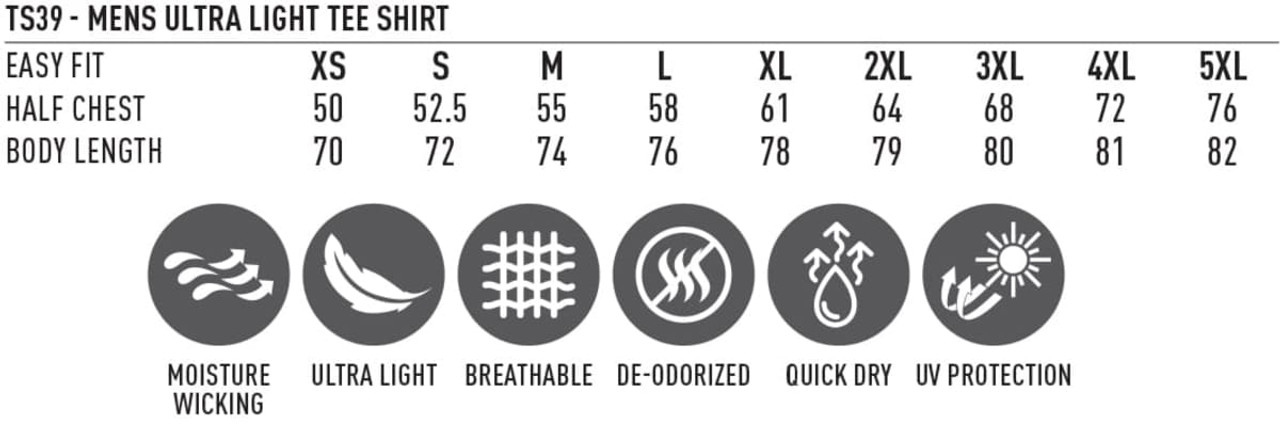 A promotional graphic for a men's ultra lightweight performance short-sleeve tee, highlighting its features and size chart.