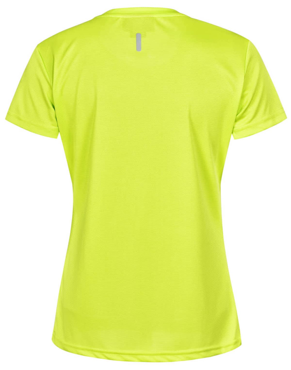 A bright yellow women's short-sleeve performance t-shirt with a logo on the back.