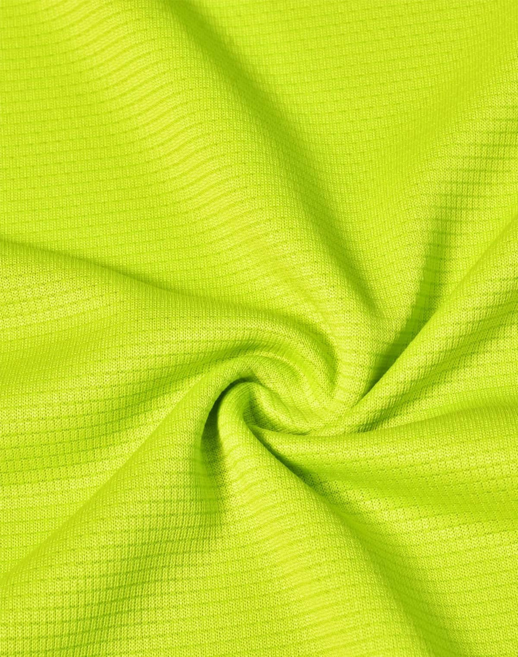 A close-up of lightweight, textured fabric in vibrant lime green, suitable for performance t-shirts.