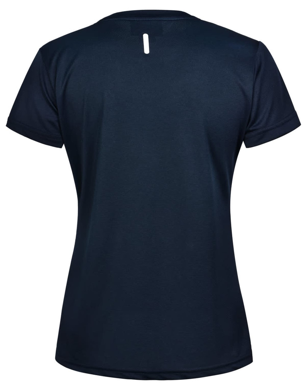 A navy blue ladies' short sleeve performance T-shirt featuring a subtle back detail and a logo.