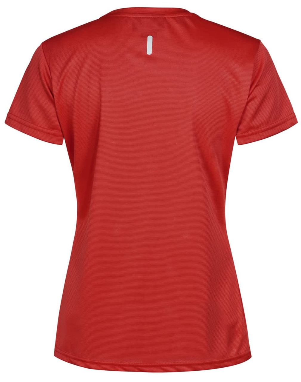 A red ladies' ultra lightweight performance short-sleeve tee with a logo on the back.