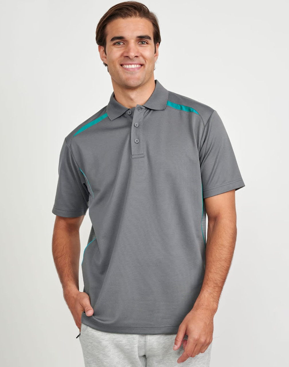 A grey men's polo shirt featuring contrast teal panels and a logo. Short sleeves and a classic collar design.