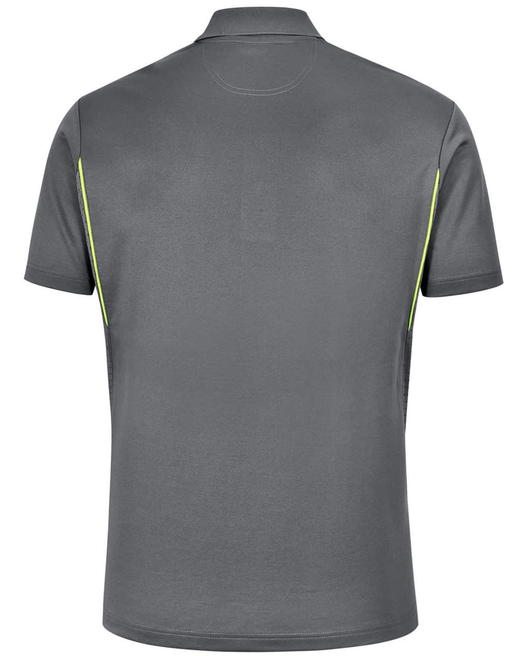 A grey men's polo shirt with contrast detailing, featuring a collar and short sleeves. It has a logo on the side.