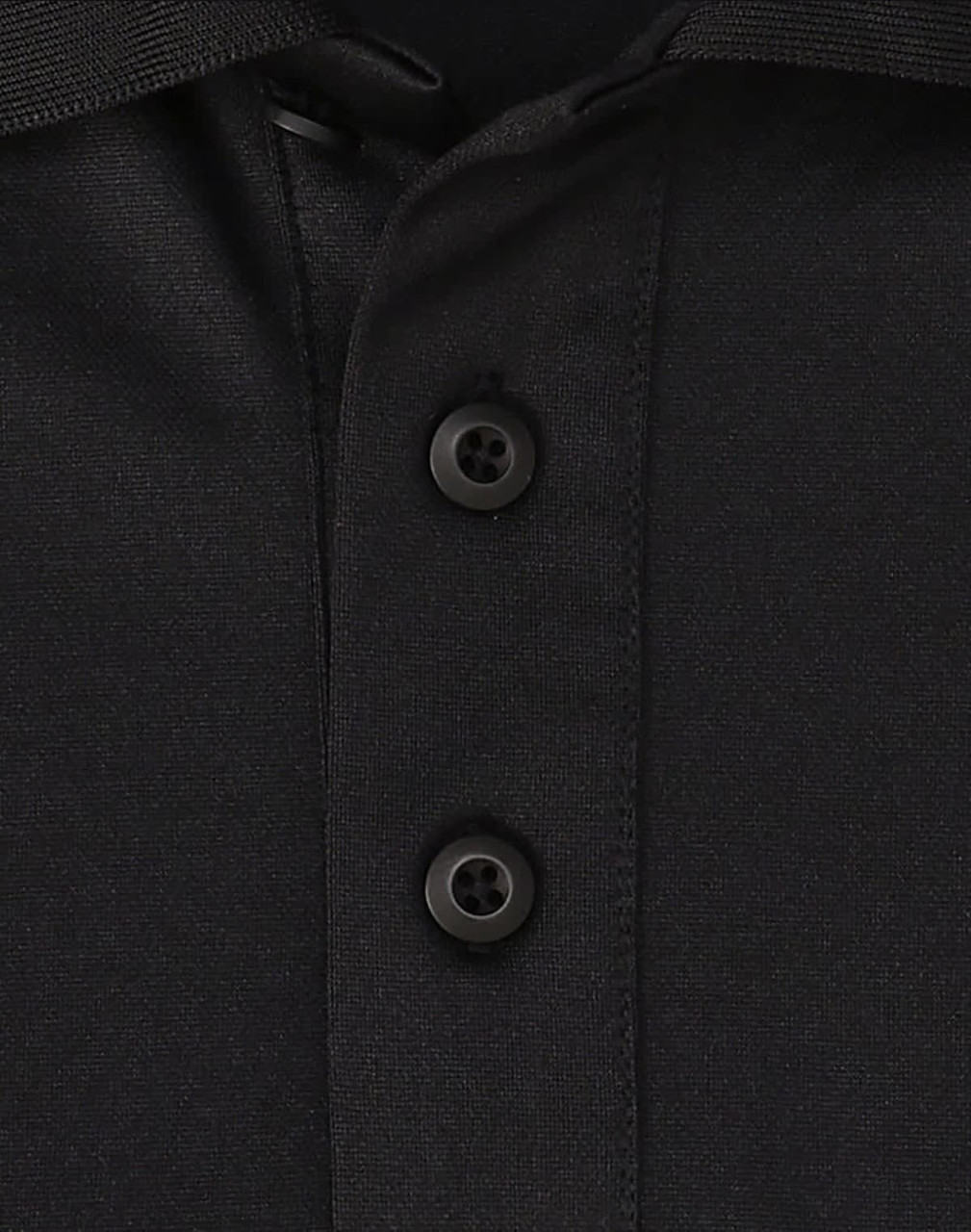 A black polo shirt featuring a collar and three buttons, designed with sustainable poly/cotton fabric and a logo.