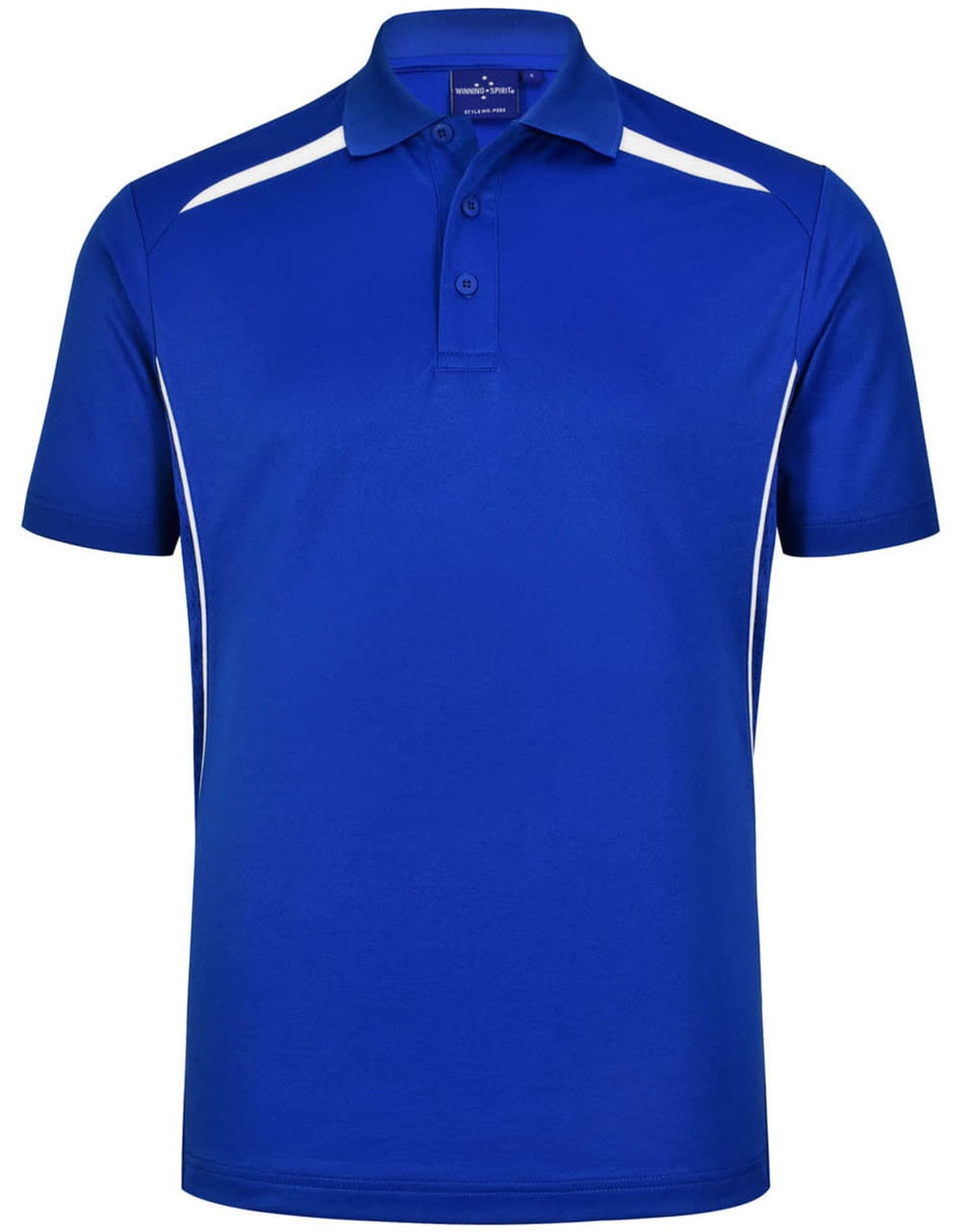 Men's sustainable poly/cotton polo shirt in vibrant royal blue with white contrast detailing and a collar. Features a logo.