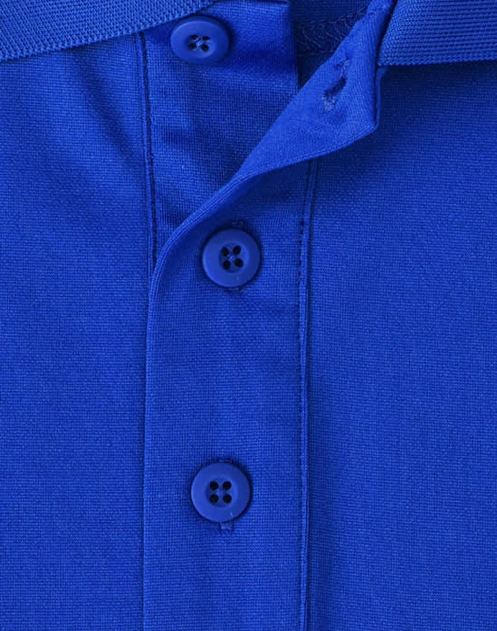 A close-up image of a blue sustainable poly/cotton polo shirt featuring buttons and a collar.