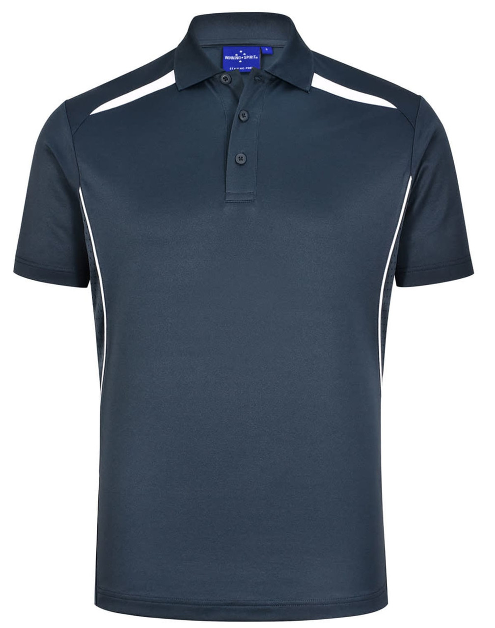 Men's sustainable poly/cotton polo shirt in navy with contrasting white panels. Features a collar and three-button placket.