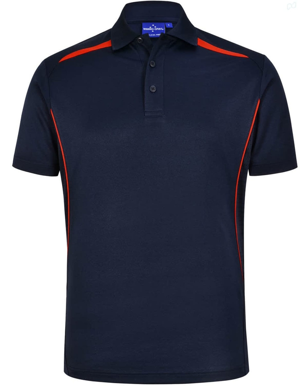A navy polo shirt with contrasting red side panels and a collar. It features buttons and a logo.
