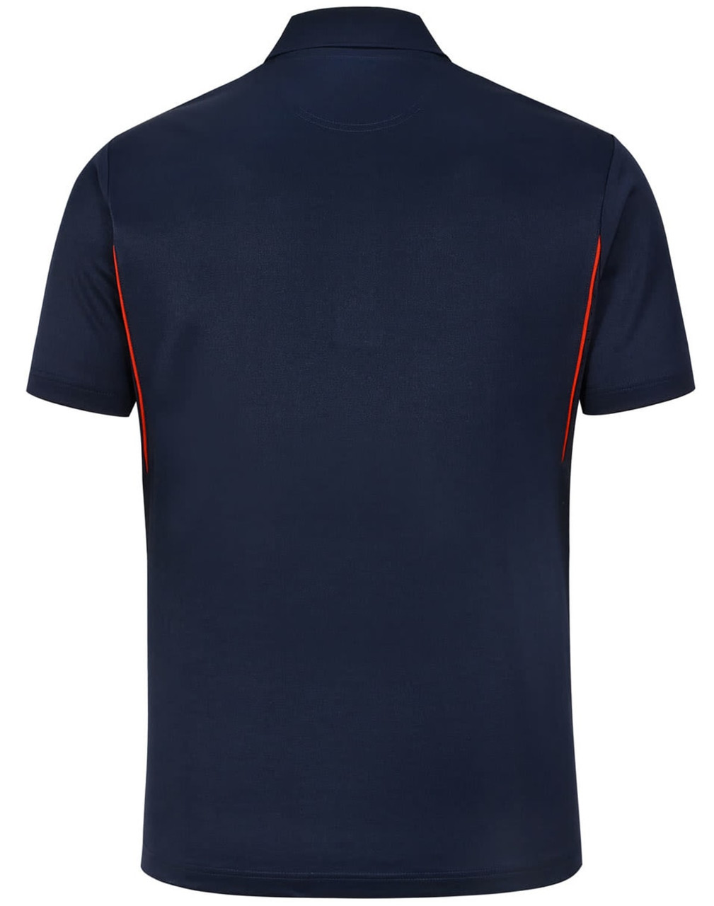 A navy polo shirt with short sleeves and contrast detailing in red. It features a logo on the left side.