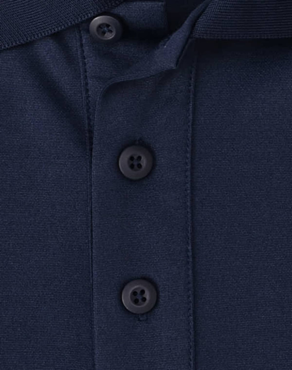 A navy blue polo shirt featuring three buttons and a collar, with a logo on the fabric.