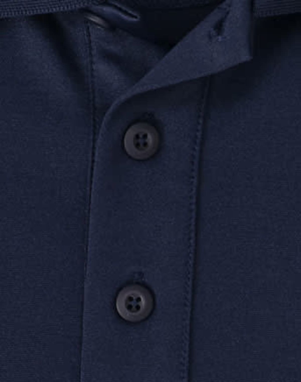 A close-up of a navy men's polo shirt featuring a button placket and collar. The fabric appears soft and sustainable.