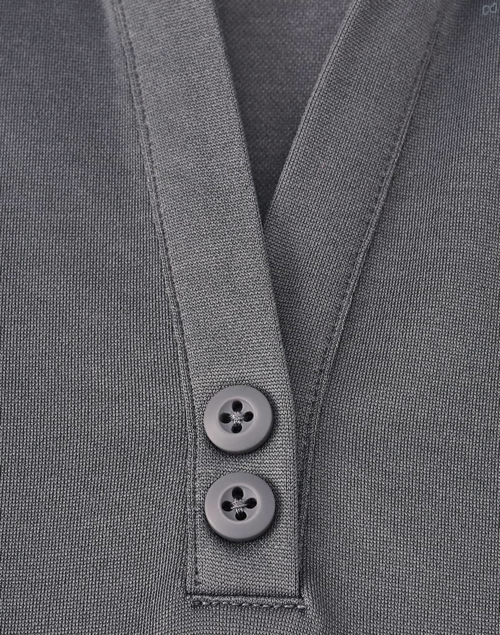 A grey sustainable poly/cotton polo shirt featuring a placket and two buttons. The shirt includes a logo.