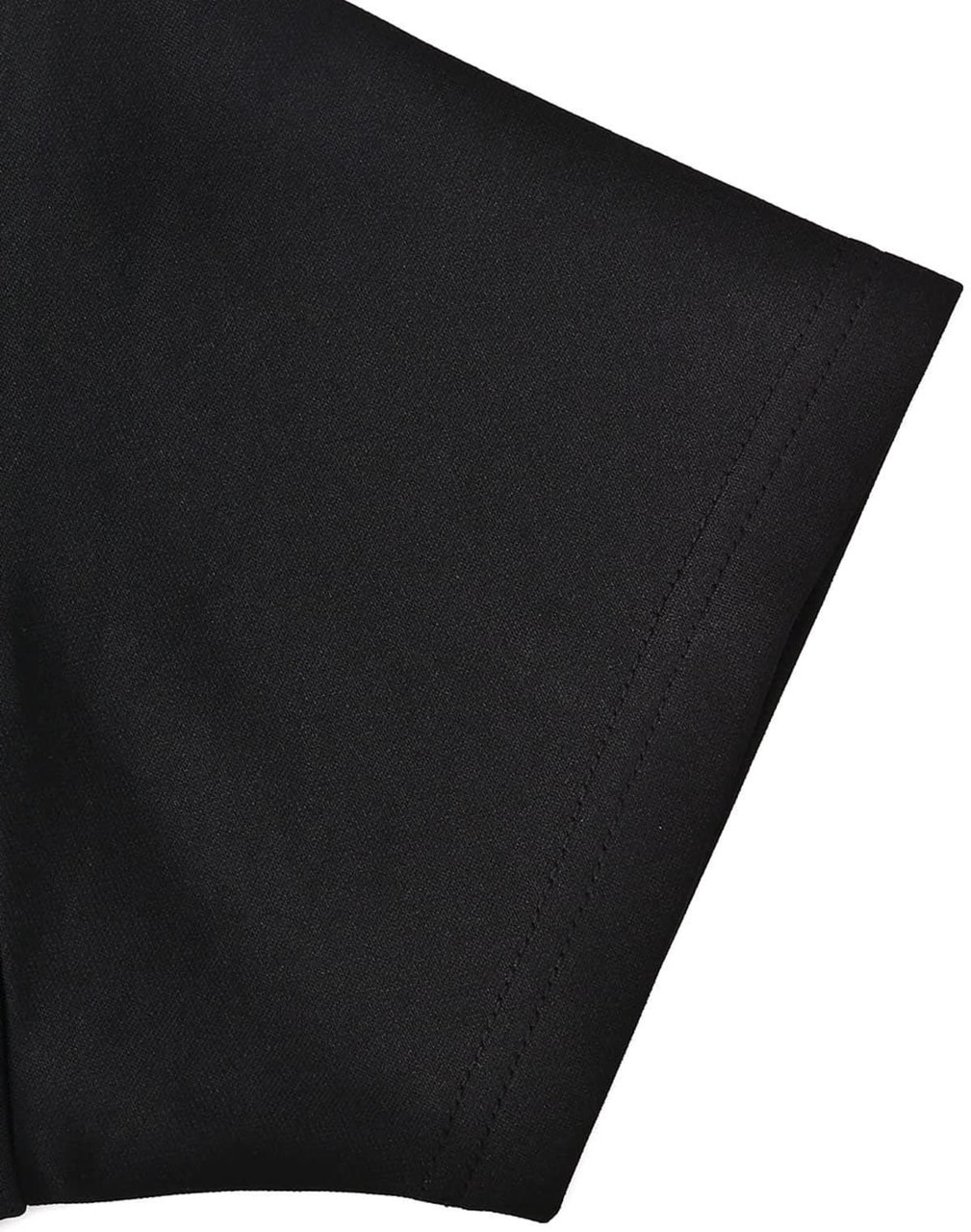 A black polo shirt featuring short sleeves and a contrast detail, with a logo on the fabric.