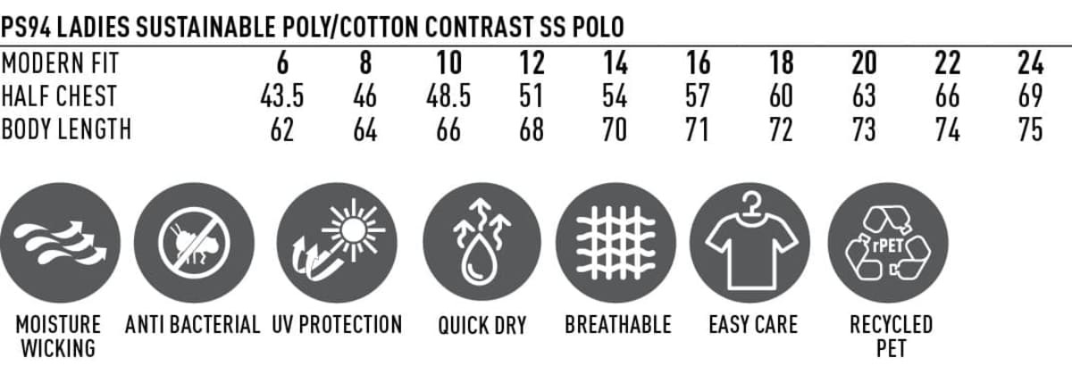 A Ladies' Sustainable Poly/Cotton Contrast Short Sleeve Polo in various sizes, featuring a logo and care details.
