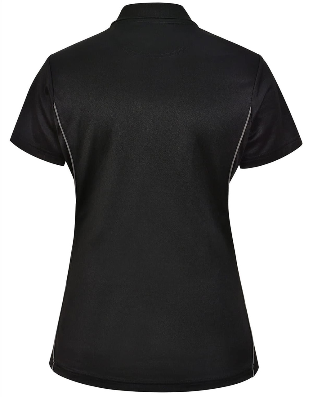 A black ladies' polo shirt with contrast piping, featuring a logo on the back. Made from sustainable poly/cotton.