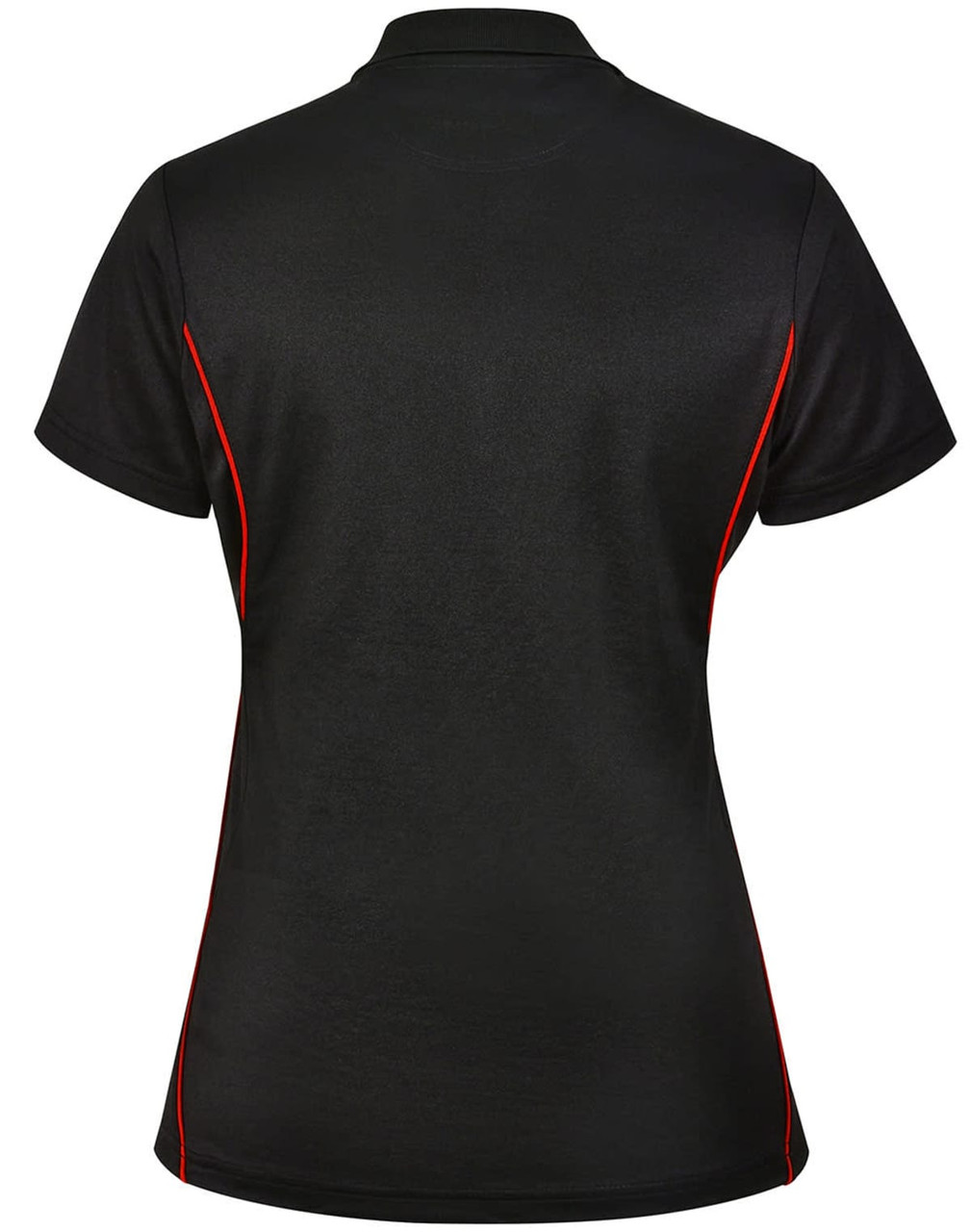 A black polo shirt with red contrast detailing and a logo on the back. Short sleeves and a classic fit.