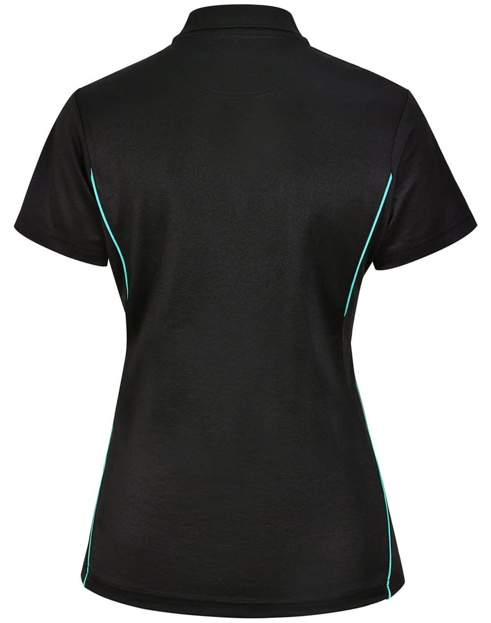 A black ladies' polo shirt with contrast teal piping and a logo on the back.