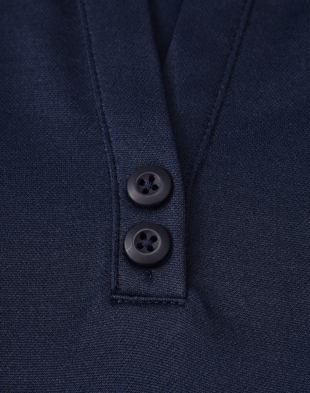 A navy blue lightweight polo shirt featuring a button-up collar and two black buttons. Includes a logo.