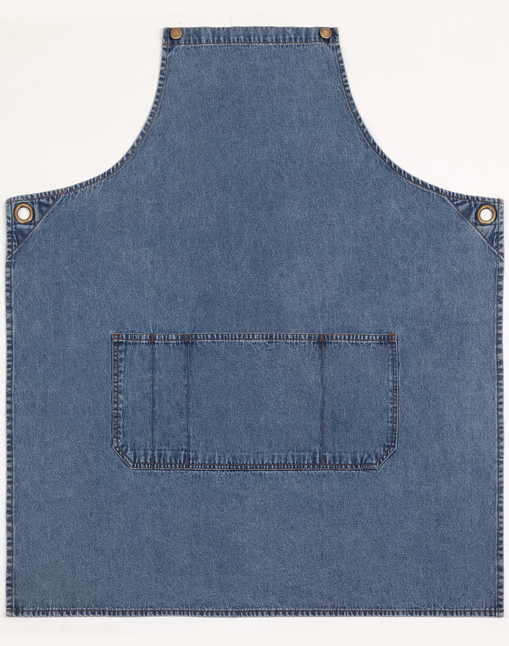 Denim bib apron in blue with a front pocket and metal snaps, featuring a logo.
