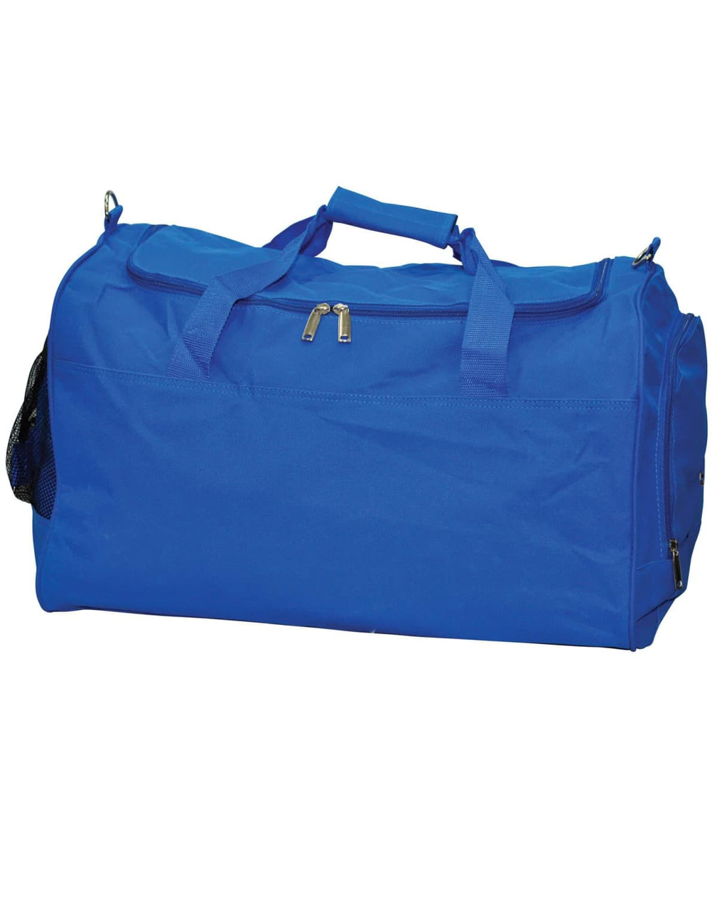 A blue duffle bag with dual handles, zip closure, and a mesh side pocket, featuring a logo.