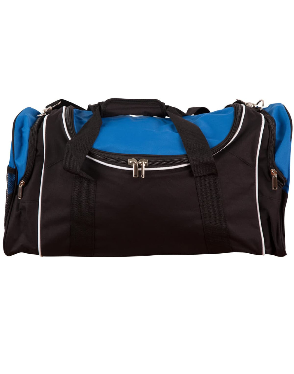 A black and blue duffle bag with a zippered main compartment and side pockets, featuring sturdy handles.