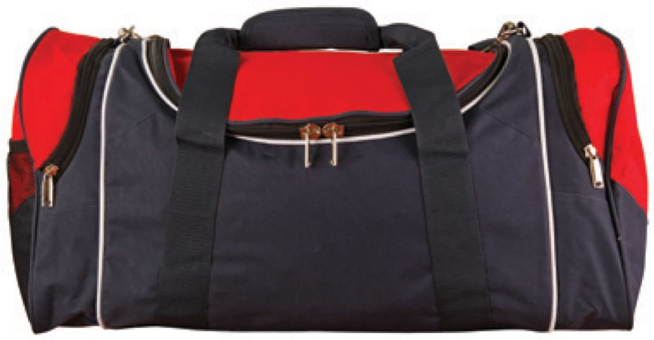 A navy and red duffle bag with black straps and zippers, featuring a logo on the front.