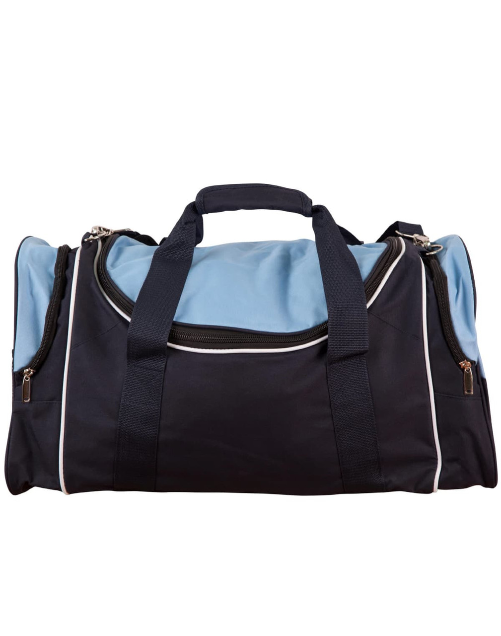 A duffle bag in navy blue and light blue with a zip closure and two side pockets. It features a logo.