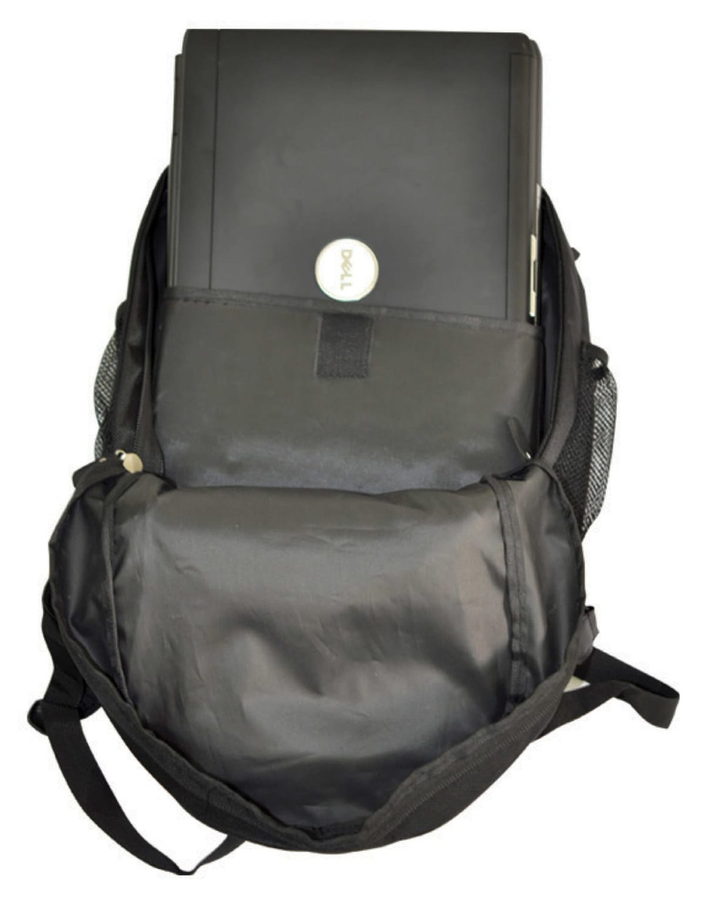 A black backpack featuring a main compartment and a laptop pocket, with a mesh side pocket.