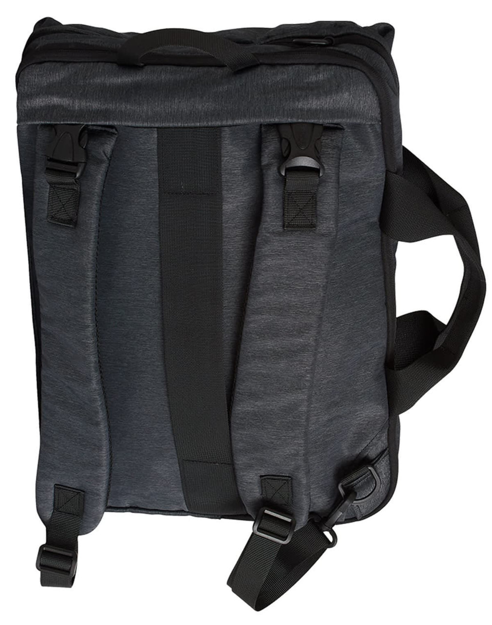 A dark grey laptop bag with adjustable straps and padded back support. It has a simple design and includes a logo.