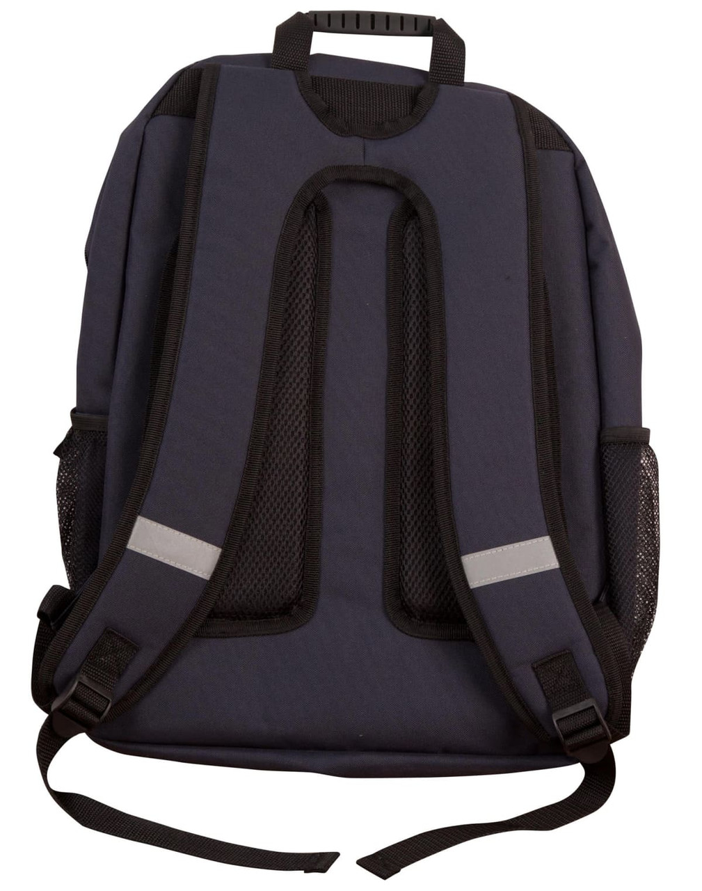 A navy backpack featuring padded adjustable straps, mesh side pockets, and a top handle. It includes branding on the surface.