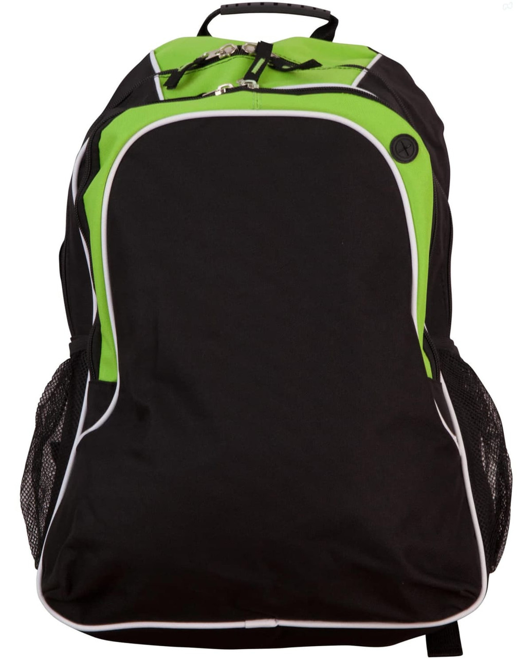 A black backpack with green accents and white detailing, featuring zippered compartments and side mesh pockets.