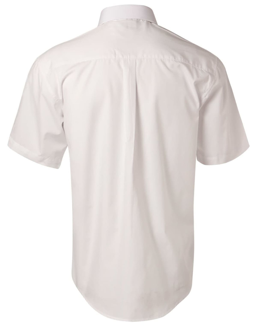 A white men's poplin short sleeve business shirt with a classic back design and a logo.
