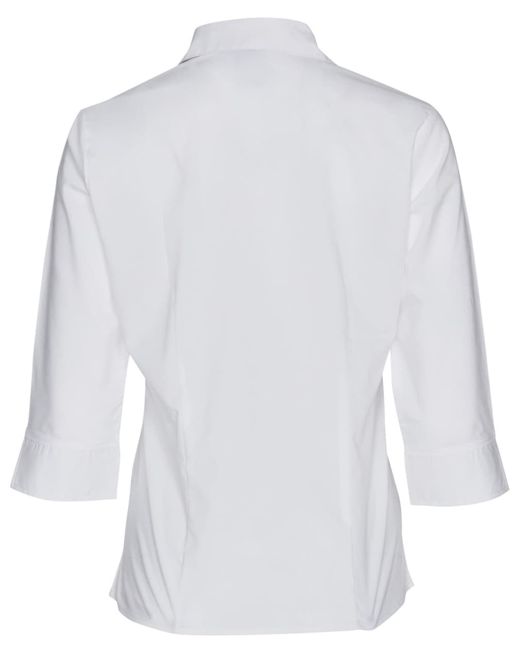 A white women's button-up shirt with 3/4 sleeves, featuring a back view and a simple design.