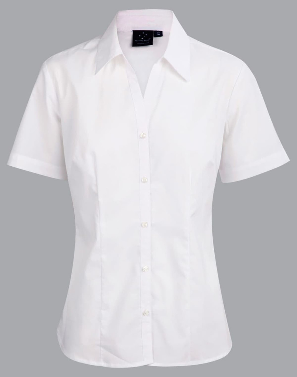 A white short sleeve button-up shirt with a fitted design and a collar, featuring a logo.
