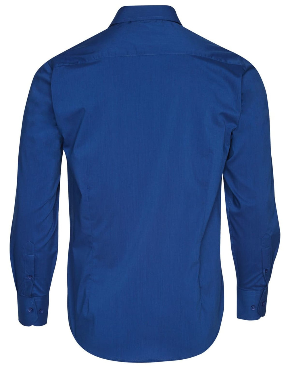A blue men's long sleeve button-up shirt featuring a back view and a logo on the back collar.