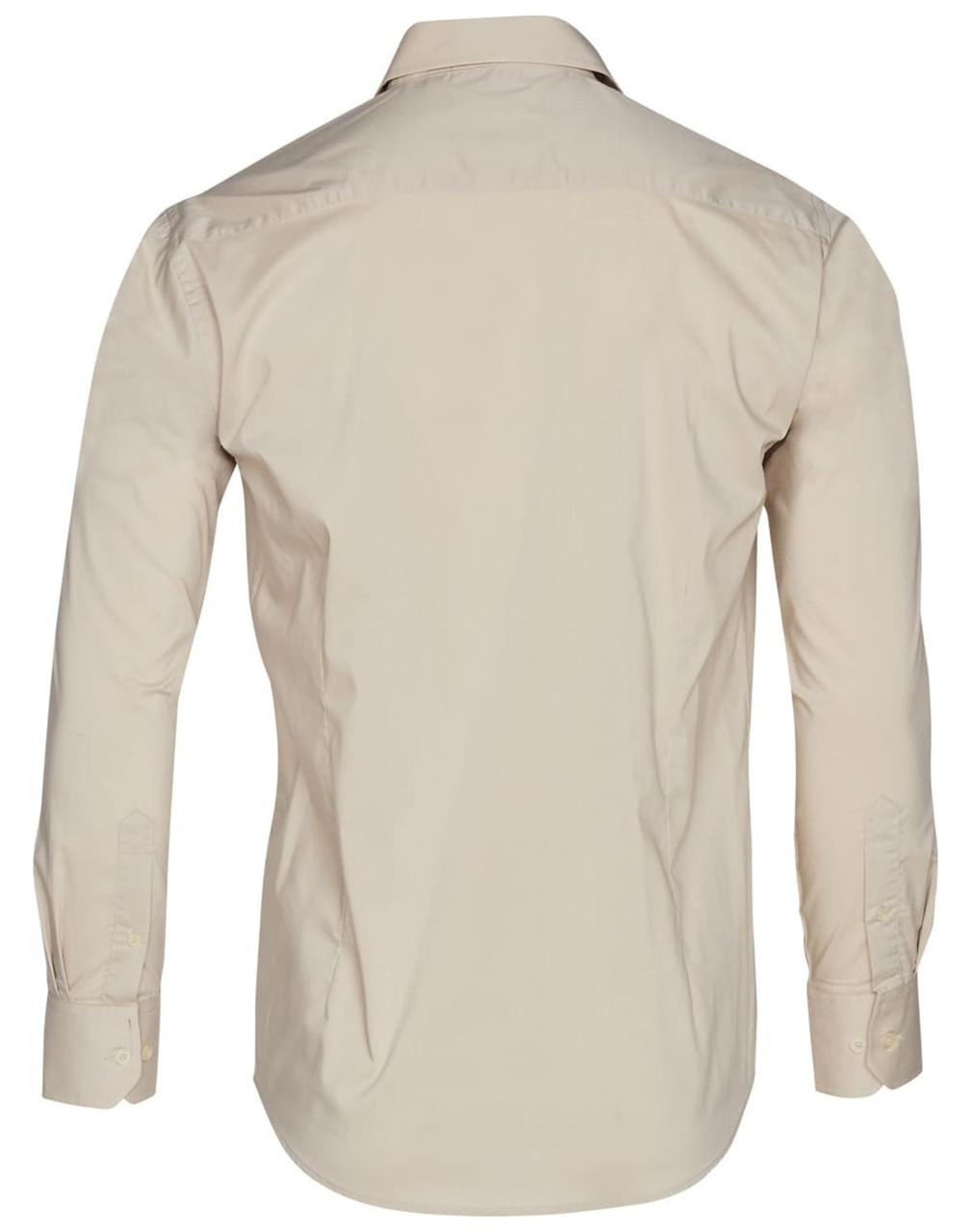 A beige long sleeve button-up shirt with a classic collar and cuffs, featuring a logo on the back.