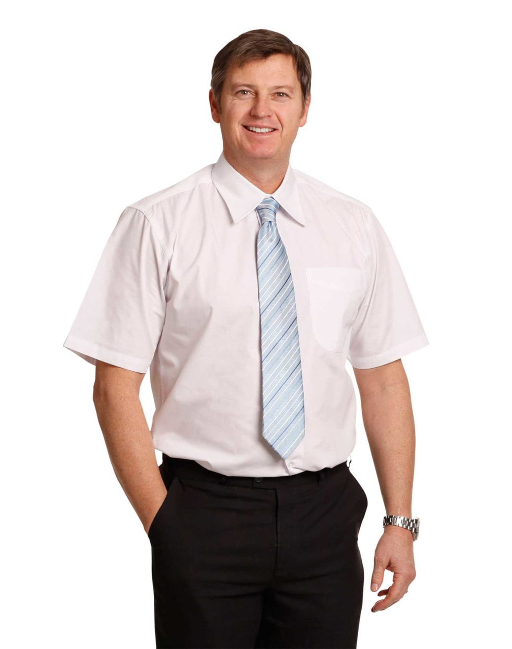 Men's short sleeve button-up shirt in light pink with a white pocket, paired with a blue striped tie and black trousers.