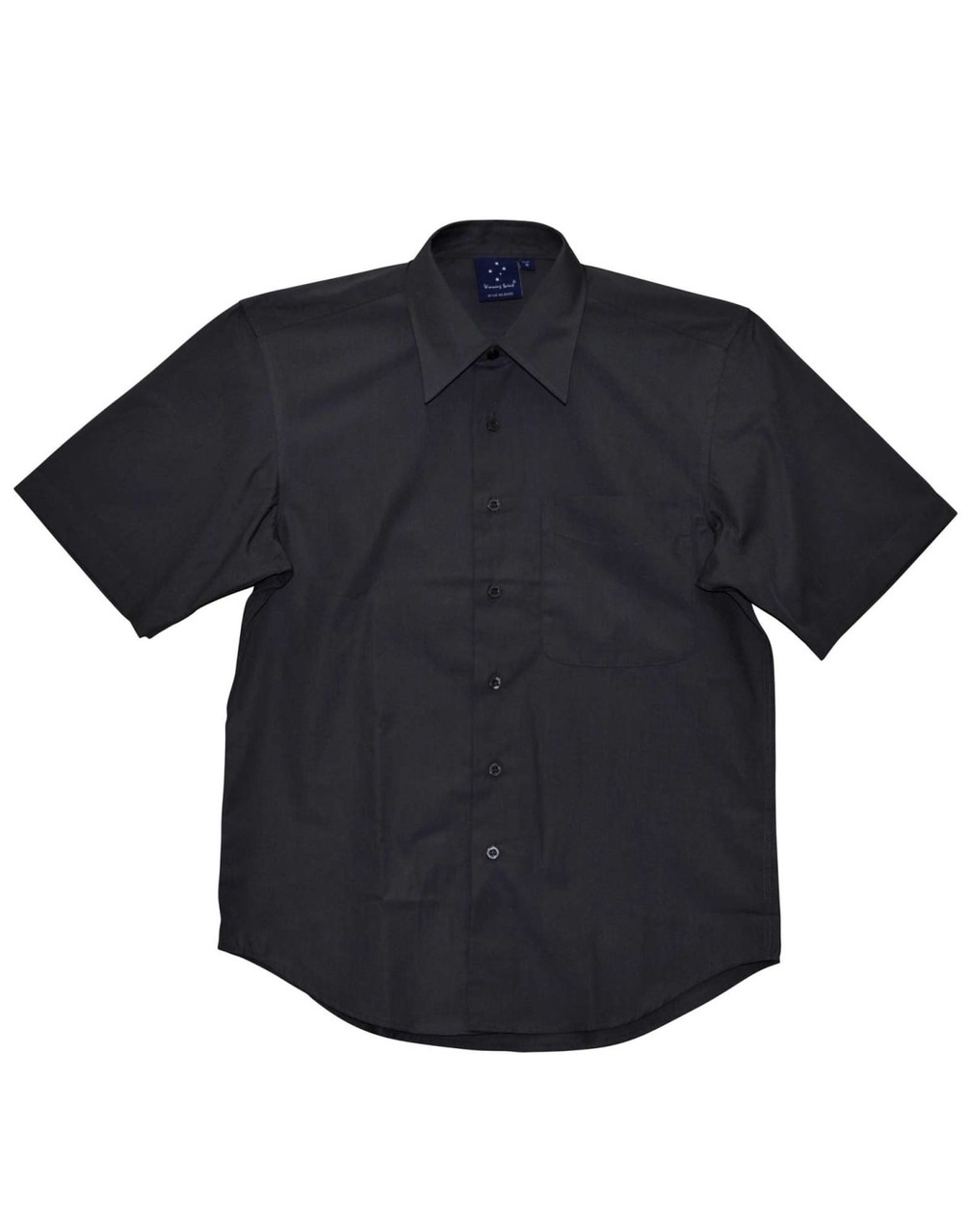 A short sleeve black button-up shirt featuring a chest pocket and a logo on the collar.
