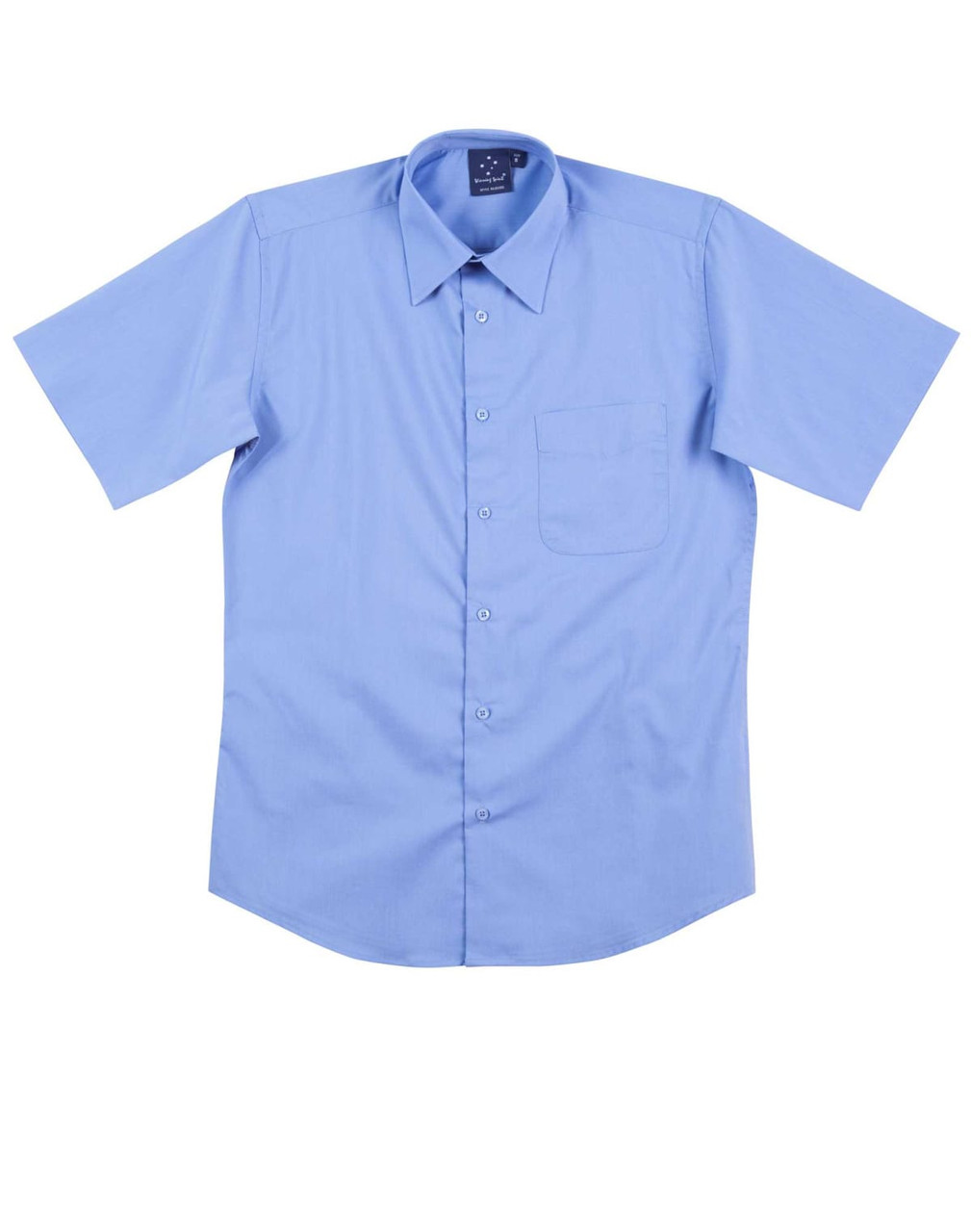 A light blue short sleeve button-up shirt with a chest pocket and a logo on the collar.