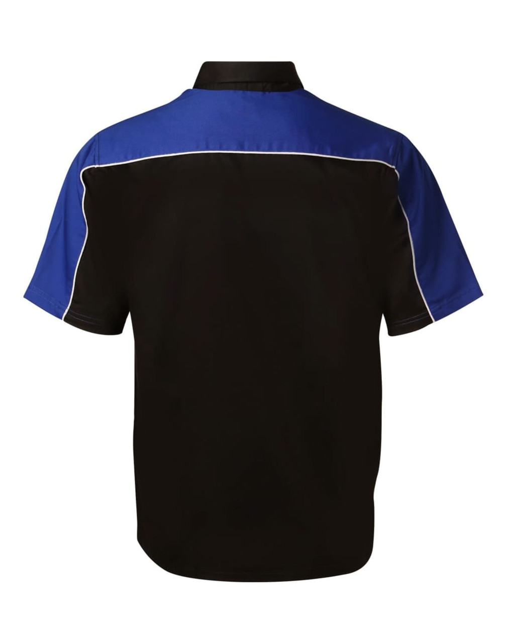 Men's button-up shirt in black with blue and white detailing; features a logo.