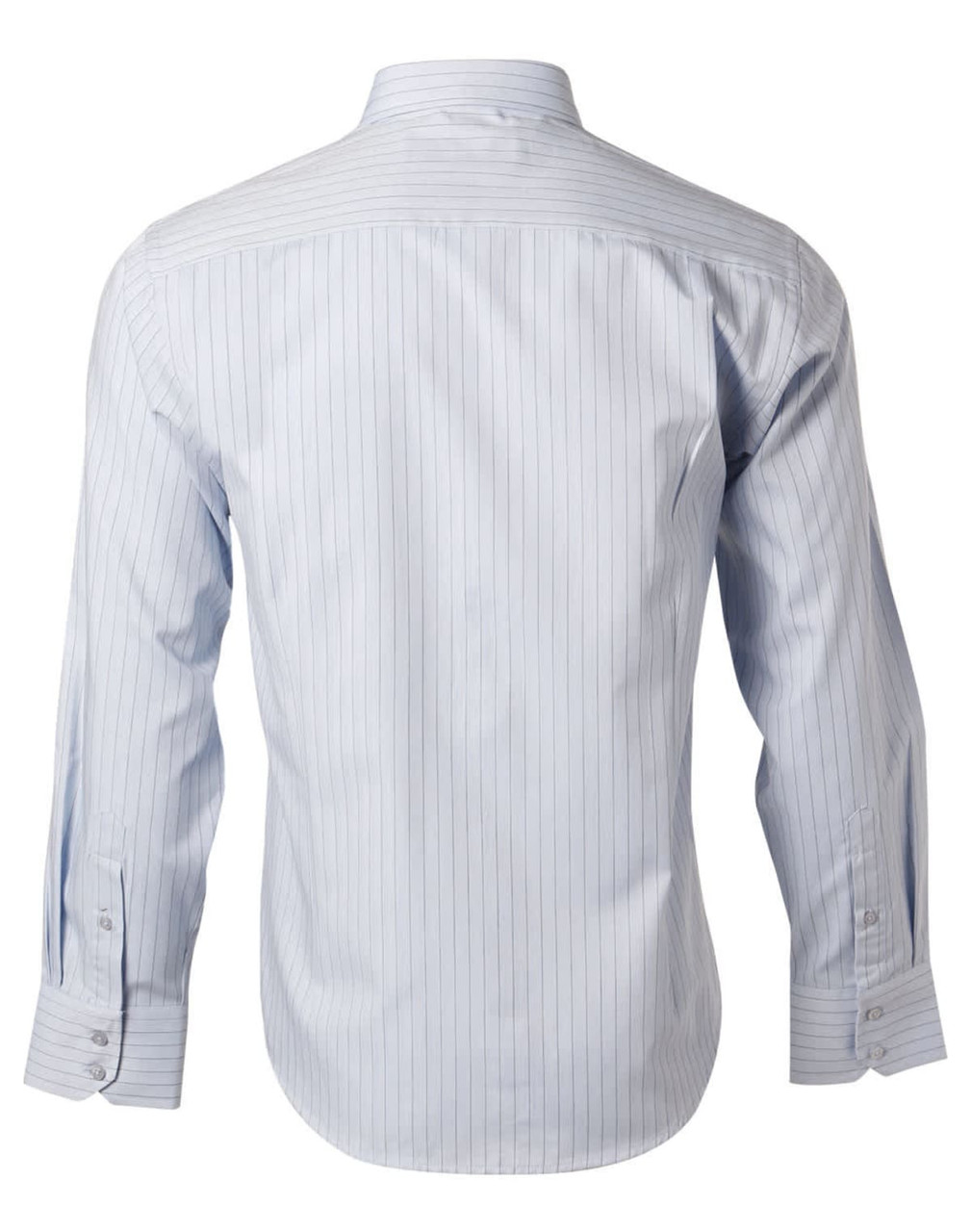 A long-sleeve, button-up shirt in light blue with vertical stripes and a collar, featuring a logo on the back.