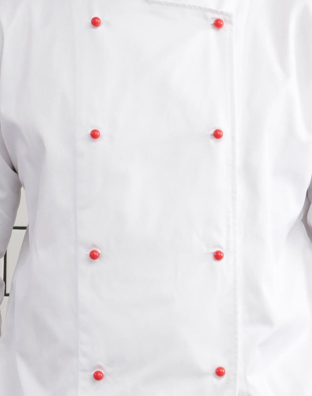 A white chef's jacket featuring red exchangeable buttons along the front. It has a simple, clean design.