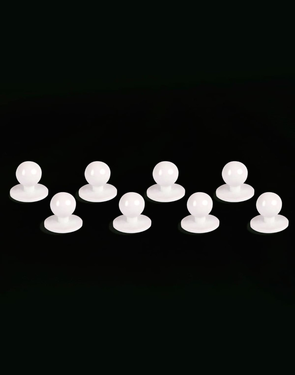 Eight white exchangeable buttons for chef uniforms, featuring a round shape with a flat base.