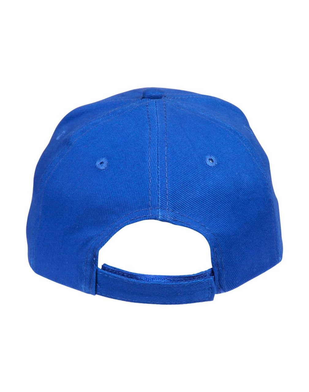 A blue heavy brushed cotton cap featuring a rear adjustable strap and ventilation holes. It includes a logo.