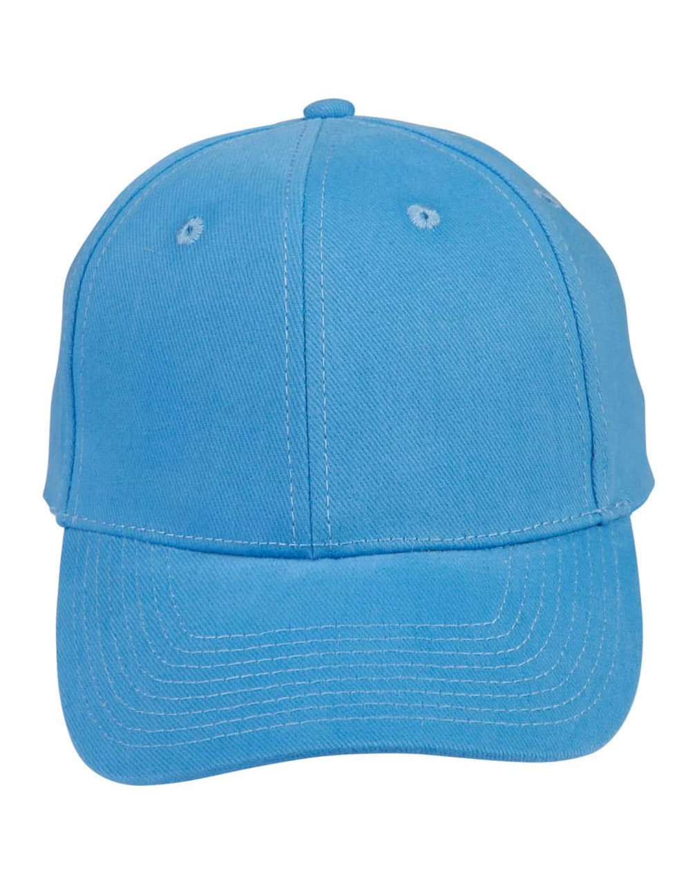 A blue heavy brushed cotton cap with a logo on the front and ventilation eyelets on the sides.