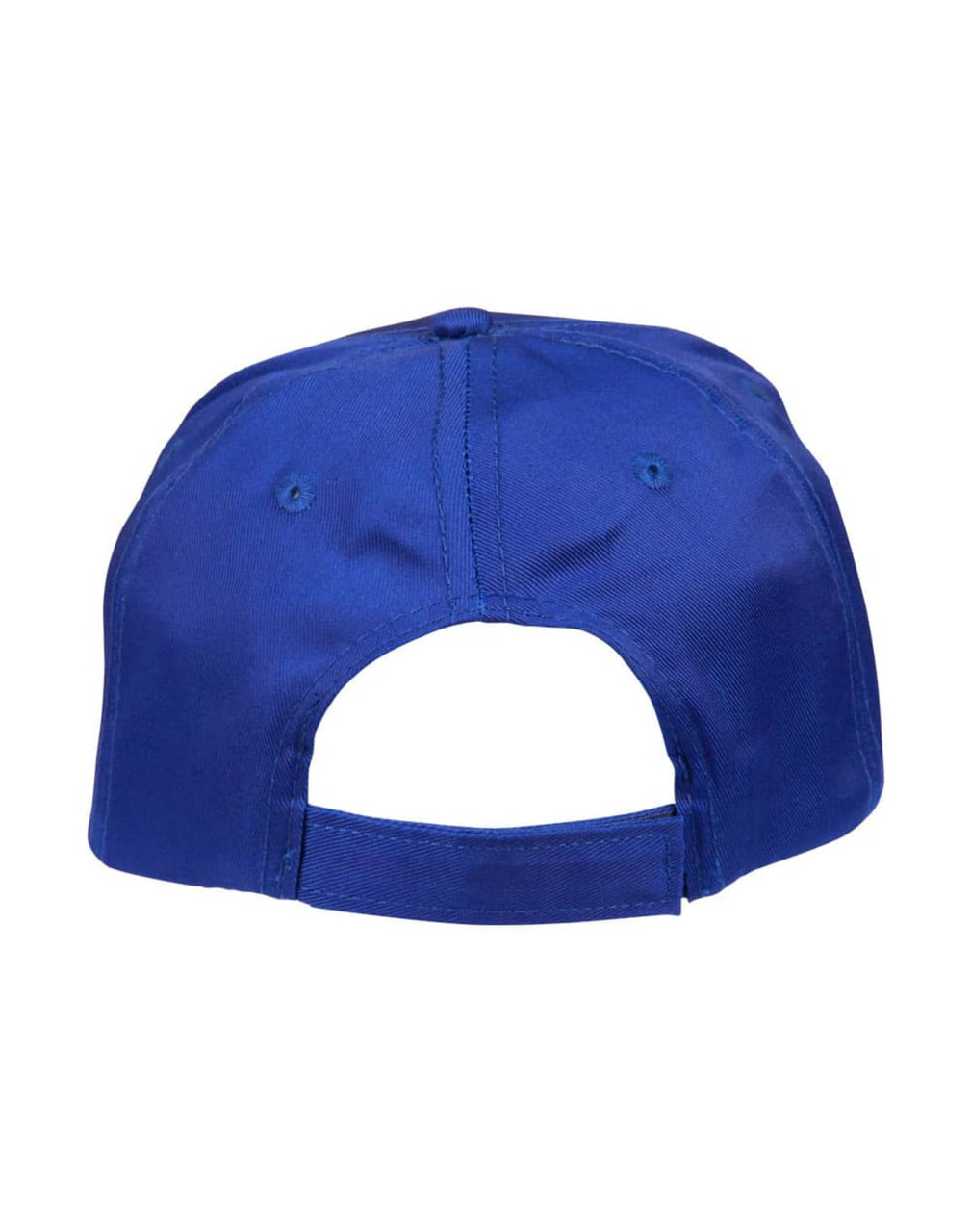 A blue polycotton twill cap featuring an adjustable back and a logo.