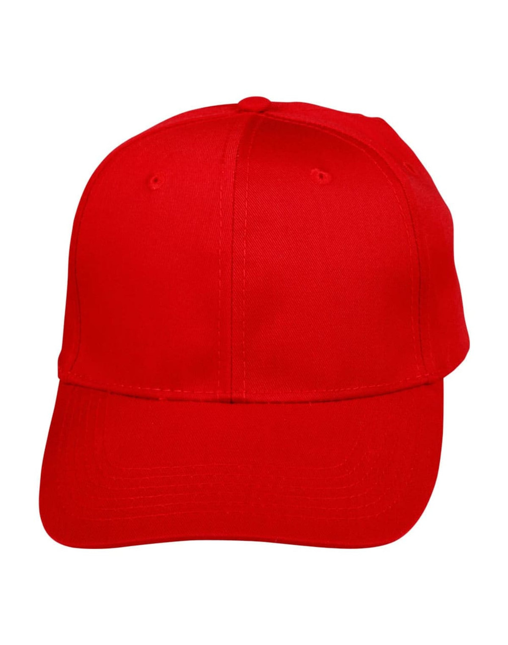 A red polycotton twill cap with a curved brim and ventilation holes, featuring a logo on the front.