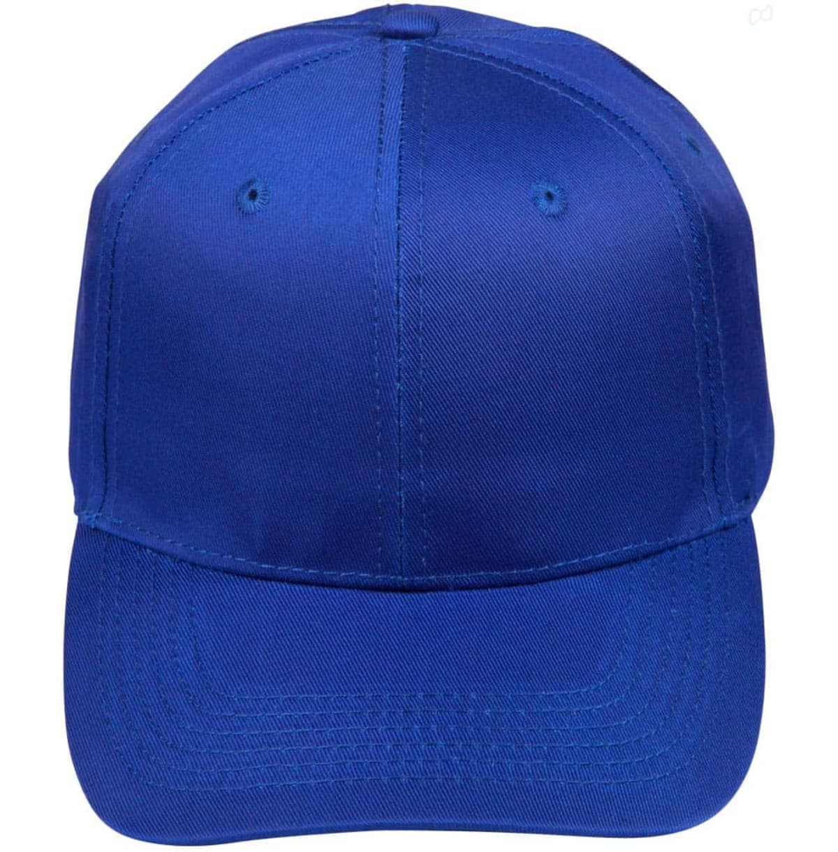 A blue polycotton twill cap with a curved brim and ventilation holes, featuring a logo on the front.