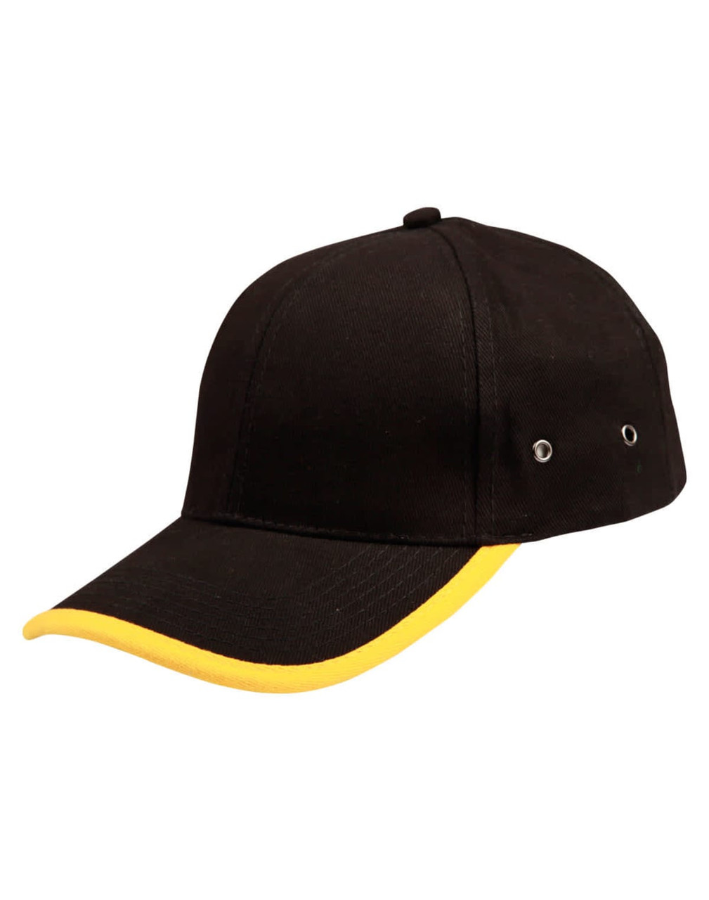 A black cap with a yellow peak, featuring metal eyelets and a curved brim. It has a logo on the front.