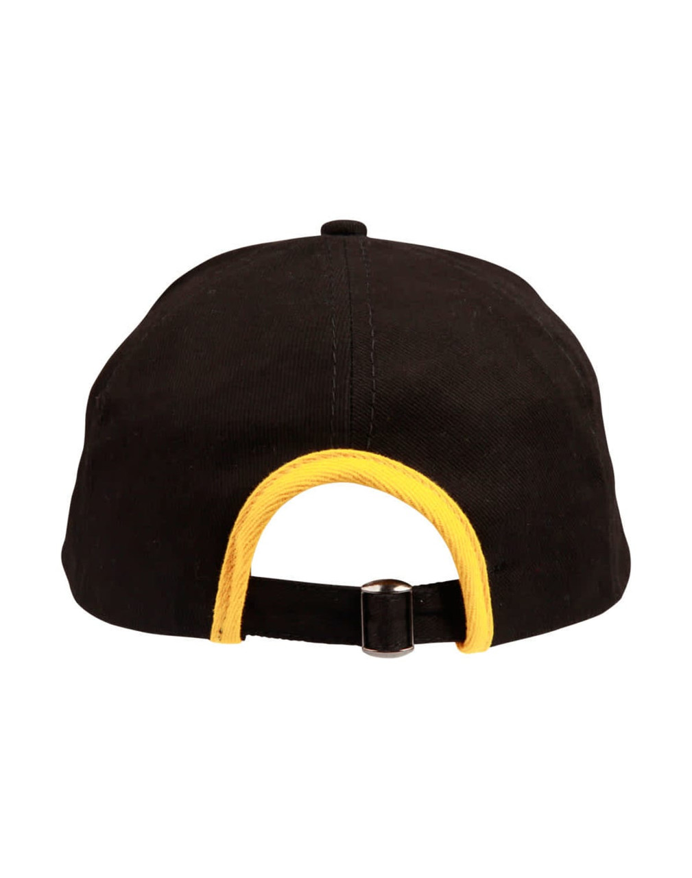 A black cap with a yellow trim at the back, featuring an adjustable strap and a logo.